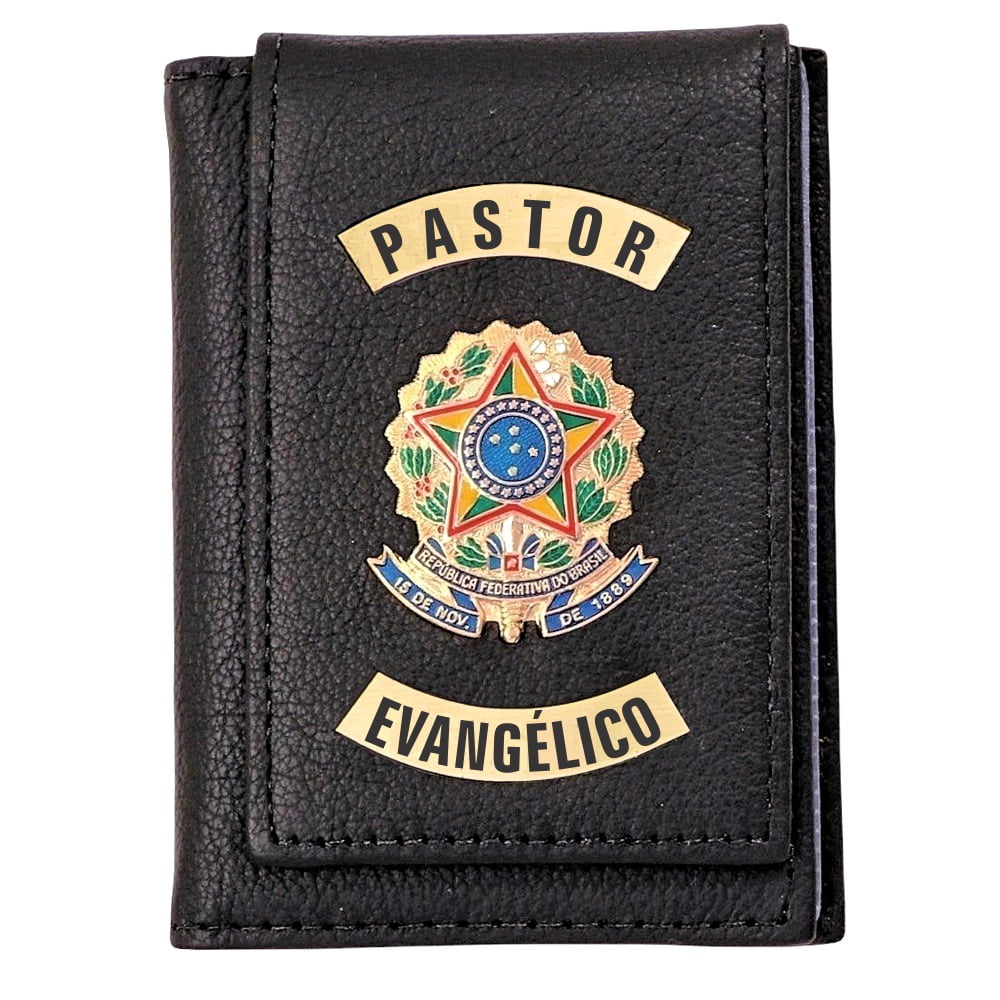 Carteira porta cheque em couro Pastor Evangélico (Brasão República)